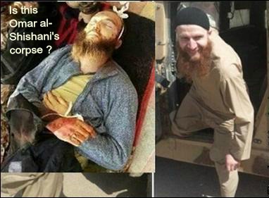 Omar al-Shishani's corpse with text