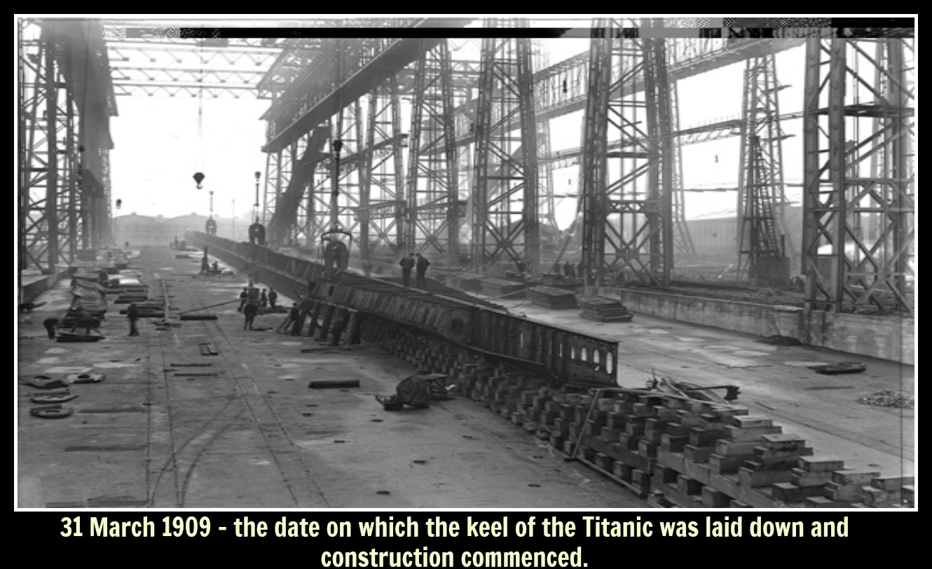 Construction of  the keel of Titanic with text