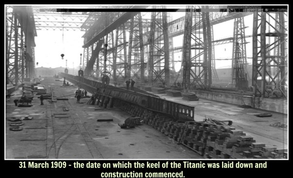 Construction of  the keel of Titanic with text