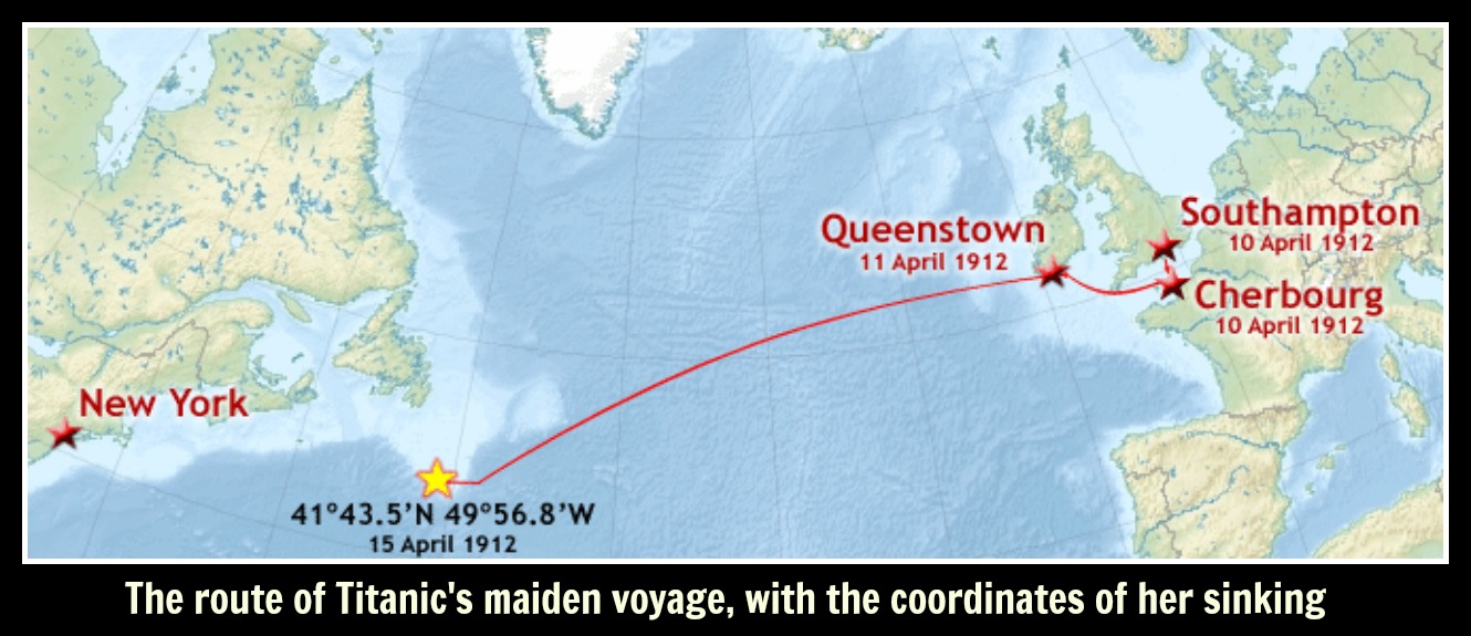The route of Titanic's maiden voyage, with the coordinates of her sinking text