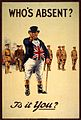 British World War I recruiting poster featuring the national personification, John Bull, c. 1915. Who's absent Is it you