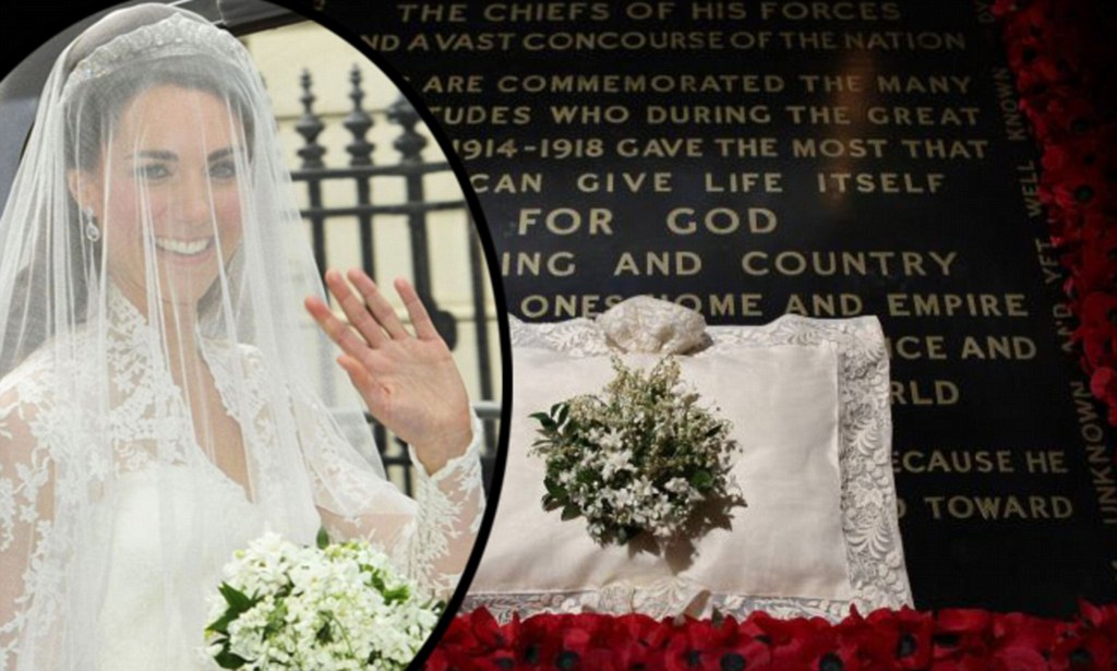 Kate Middleton's bridal bouquet placed at Grave of Unknown Warrior.jpg