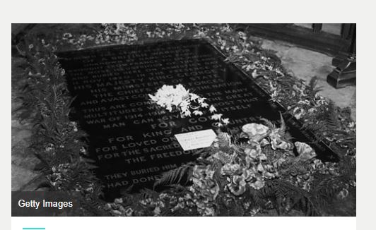 Princess Elizabeth's wedding bouquet on the Tomb of the Unknown Warrior, a tradition started by her mother in 1923..JPG